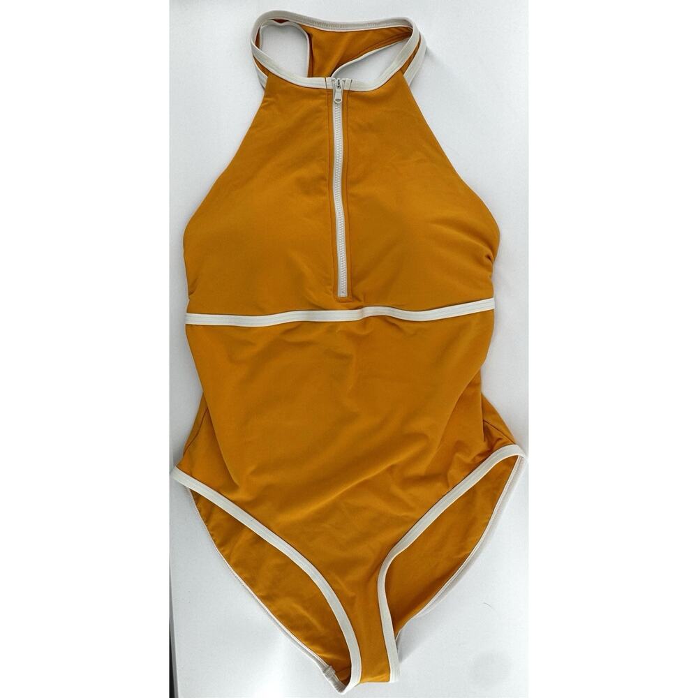 CALIA Women's 10 Halter Racerback 1/4 Zip One Piece Swimsuit Marigold Shine NWOT - Picture 1 of 8